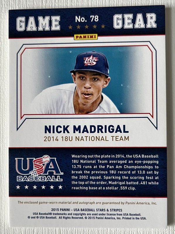 Nick Madrigal 2015 Panini Stars & Stripes USA Longevity Jersey Patch /25 AUTO view 2
