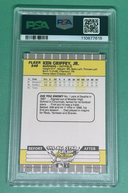 1989 Fleer Ken Griffey Jr. RC #548 PSA 8 Rookie SEATTLE MARINERS HOF view 2