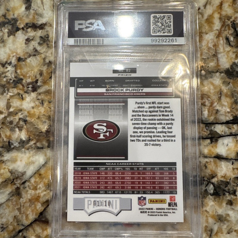 2022 Honors Football Purple Brock Purdy 01/10🔥PSA 10 view 2