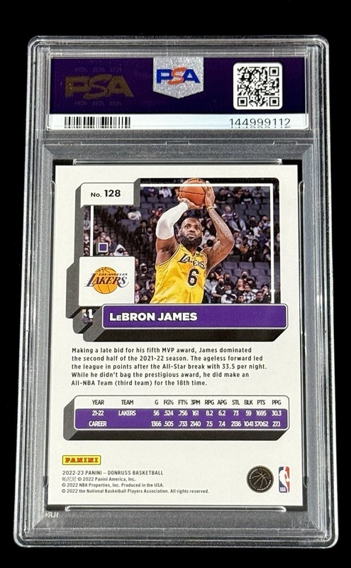 LeBron James 2022-23 Donruss Holo Laser Purple Prizm #’d/99 PSA 9 MINT Lakers view 2