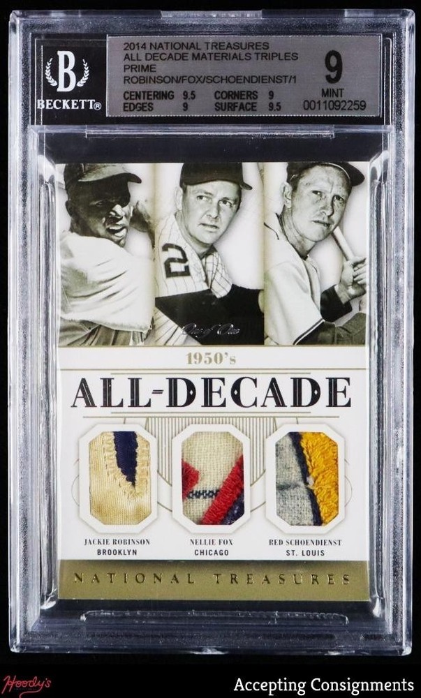 2014 National Treasures Jackie Robinson Nellie Fox Schoendienst PATCH 1/1 BGS 9
