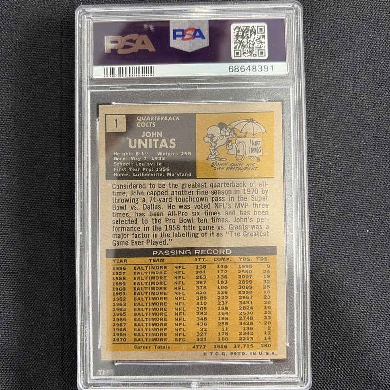 1971 Topps Football Johnny Unitas #1 PSA 6 COLTS EX-MT HOF view 2