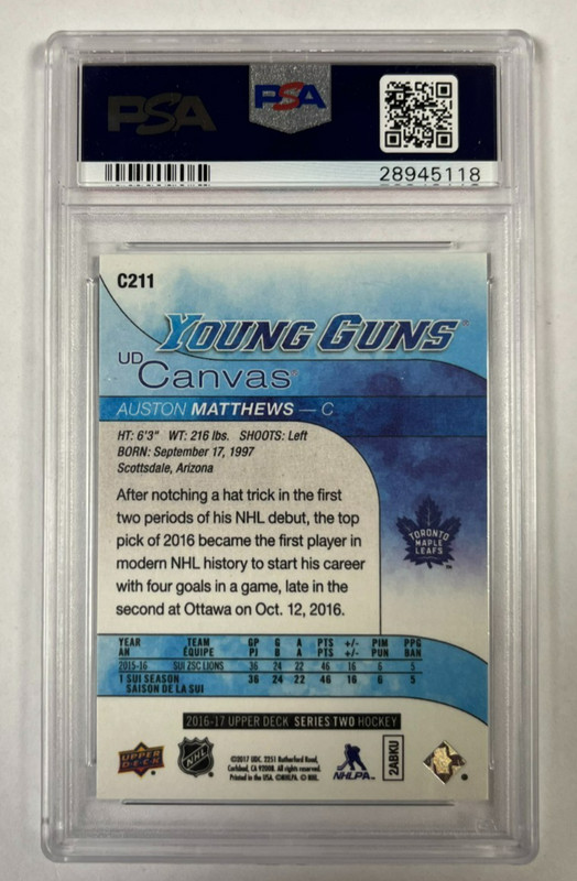 2016 Upper Deck Canvas Young Guns Auston Matthews # C211 PSA 10 view 2