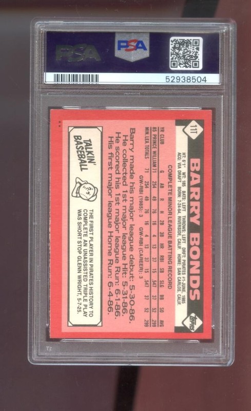 1986 Topps Traded #11T Barry Bonds ROOKIE RC PSA 9 Graded Baseball Card MLB view 2