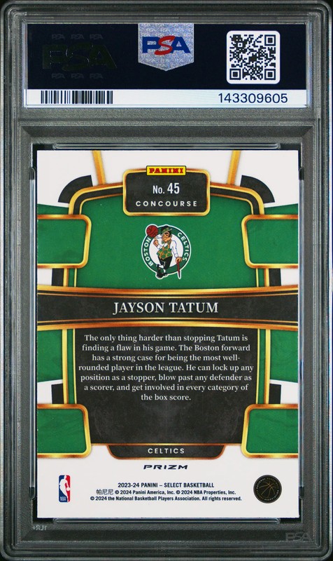 2023 Panini Select Jayson Tatum #45 Zebra Prizm PSA 9 view 2