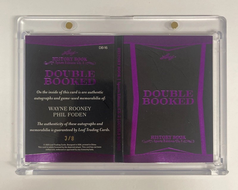 2025 Leaf History Wayne Rooney/Phil Foden #DB-16 Booklet Patch Auto Purple 3/8 view 2