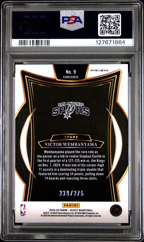 2024 Panini Select Concourse Victor Wembanyama #9 Orange Cracked Ice /275 PSA 9 view 2