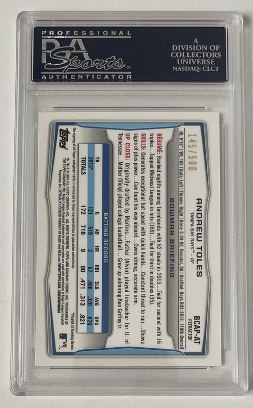 Andrew Toles Rays 2014 Bowman Chrome REFRACTOR /500 Auto Autograph - PSA 9 Mint view 2