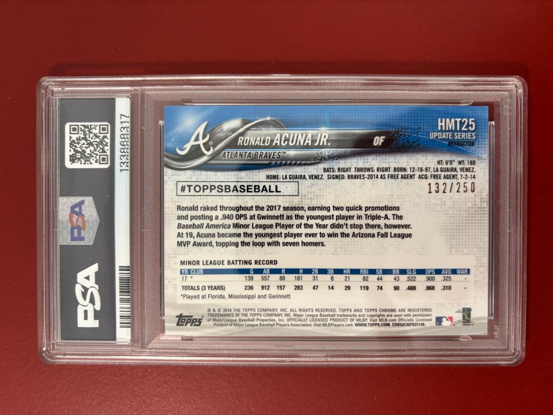 2018 TOPPS CHROME/ RONALD ACUNA JR/ UPDATE REFRACTOR/ 132/250/ PSA 9 view 2