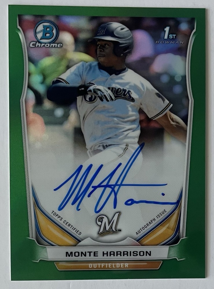 Monte Harrison 2014 Bowman Chrome Green Refractor /99 Auto Autograph Razorbacks