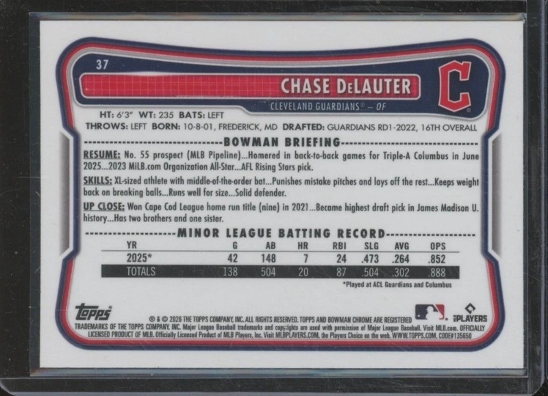 🔥2026 Bowman Chrome CHASE DELAUTER #37 RC Red Rookie Refractor  view 2