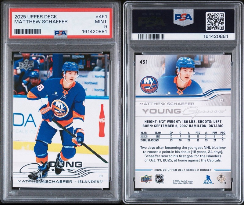 2025-26 Upper Deck Series 2 - Young Guns Matthew Schaefer #451 (RC) PSA 9 view 2