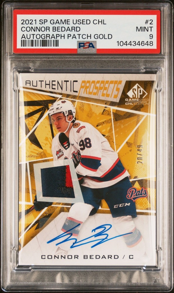 Connor Bedard 2021-22 UD CHL SP Game Used Authentic Prospects Auto Patch /49 PSA