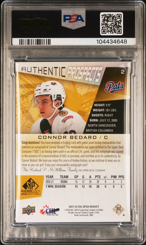 Connor Bedard 2021-22 UD CHL SP Game Used Authentic Prospects Auto Patch /49 PSA view 2