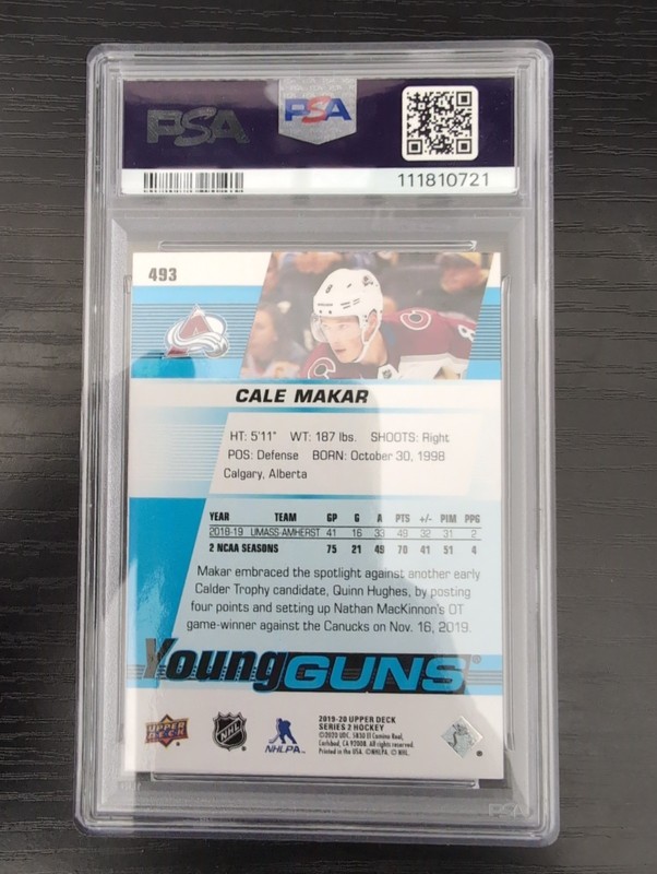 Upper Deck 2019-20 Cale Makar Avalanche Rookie PSA 9 Young Guns view 2