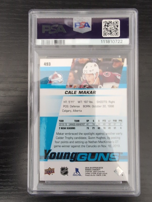 Upper Deck 2019-20 Young Guns #493 Cale Makar Avalanche Rookie PSA 9 view 2