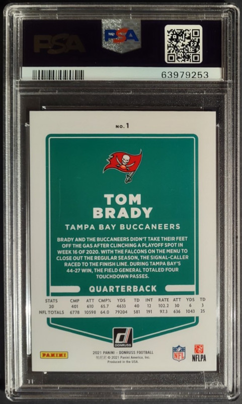 2021 Donruss Tom Brady 1 Press Proof Black /10 PSA 9 view 2
