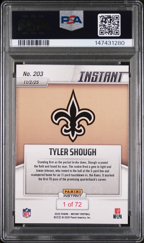 Graded 2025 Panini Instant Tyler Shough #203 Rookie RC Football Card PSA 10 view 2