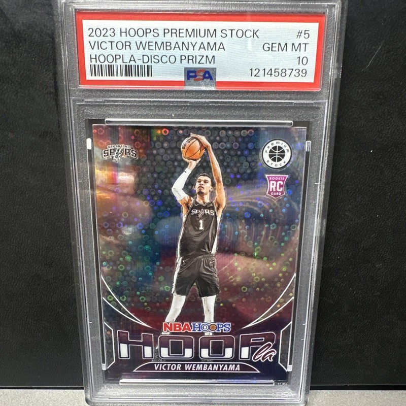 2023 Panini NBA Hoops Premium Stock Hoopla Victor Wembanyama Disco Prizm PSA 10 view 2