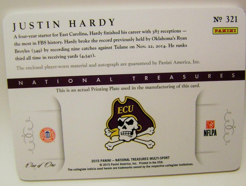 JUSTIN HARDY 1/1 AUTO PRINTING PLATE PANINI NATIONAL TREASURES FOOTBALL 2015 view 2
