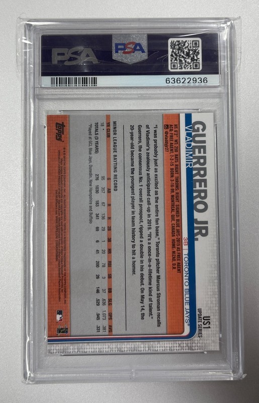 2019 TOPPS UPDATE VLADIMIR GUERRERO JR POINTING SP ROOKIE RC PSA 9 #US1 view 2