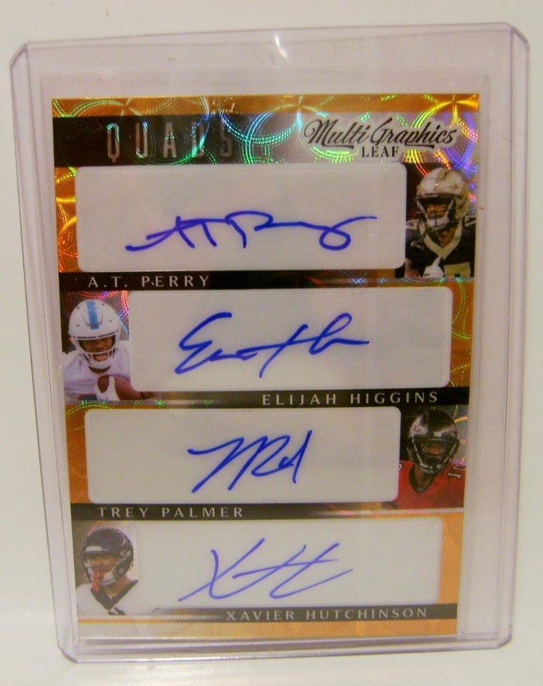AT PERRY TREY PALMER XAVIER HUTCHINSON HIGGINS 1/1 AUTO MULTI LEAF FOOTBALL 2023