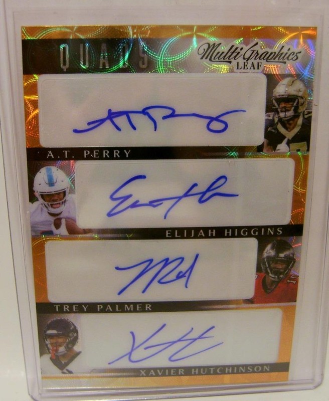 AT PERRY TREY PALMER XAVIER HUTCHINSON HIGGINS 1/1 AUTO MULTI LEAF FOOTBALL 2023 view 2