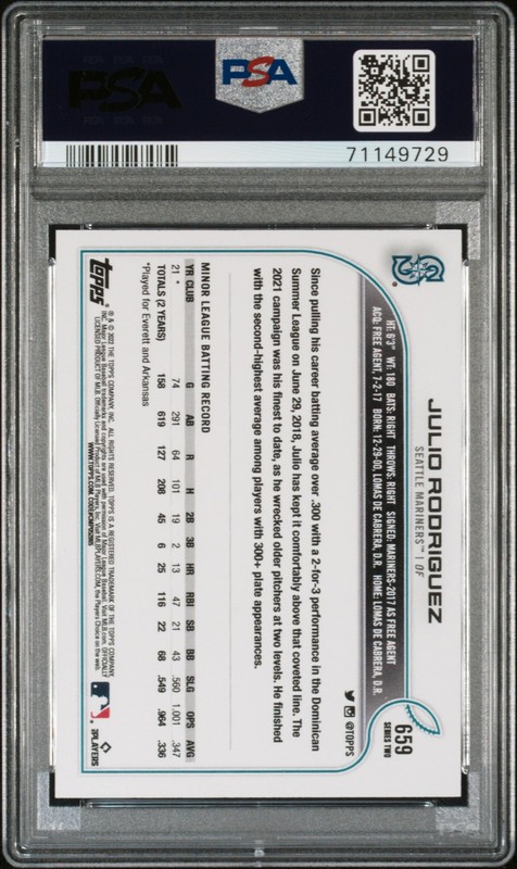 Julio Rodriguez 2022 Topps SP ROOKIE #659 PSA 10 view 2