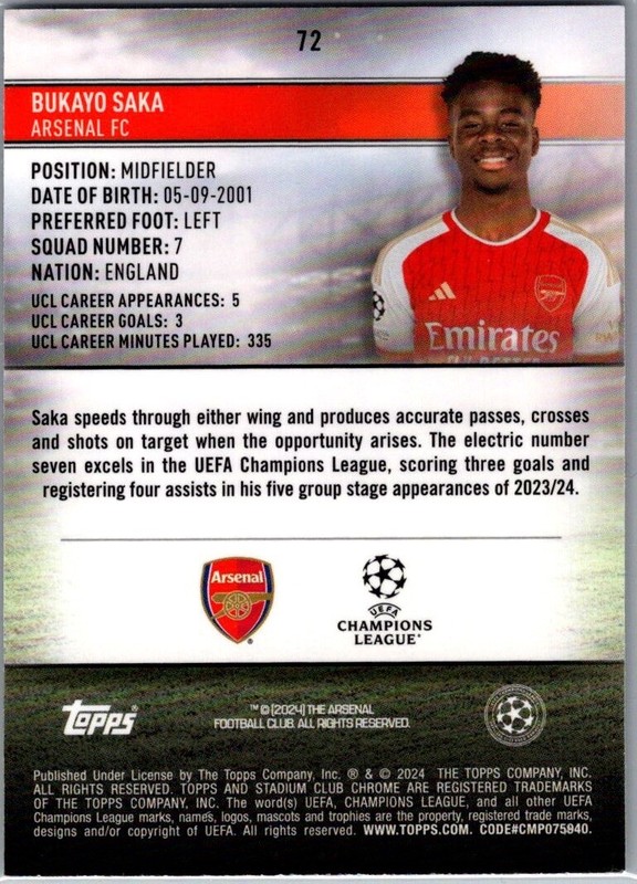 2024 Topps Stadium Club Chrome UEFA UCC Green Lightning /125 #72 Bukayo Saka view 2