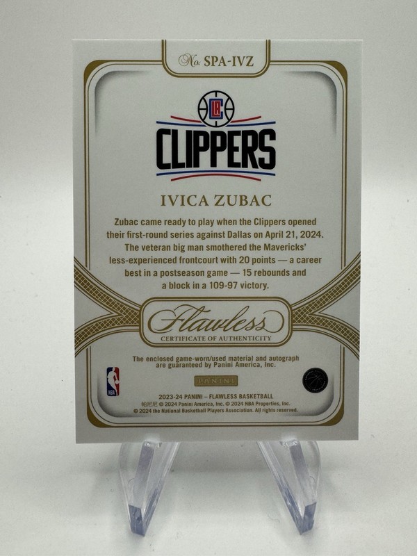 2023-24 Panini Flawless Patch Auto #01/25 Ivica Zubac Clippers Game Used view 2