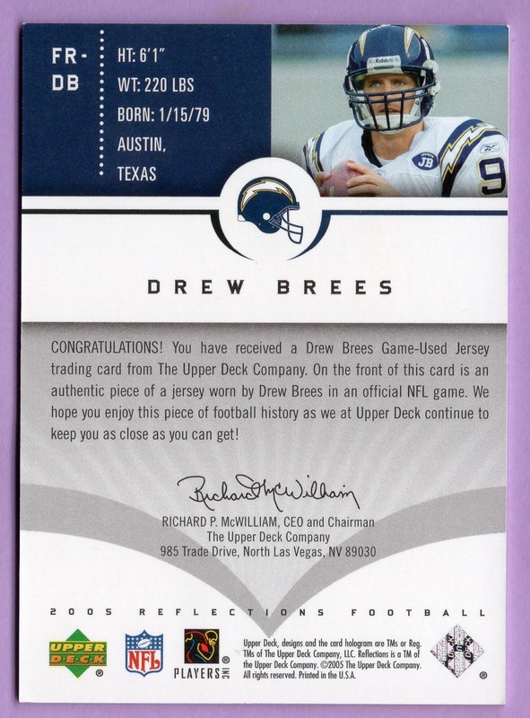 2005 UPPER DECK REFLECTIONS FABRICS #FRDR DREW BREES GAME USED JERSEY view 2