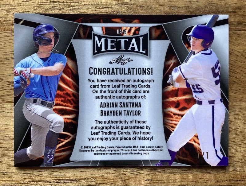 2023 Leaf Metal Baseball Brayden Taylor/Adrian Santana TB Rays Dual Auto 1/1 view 2