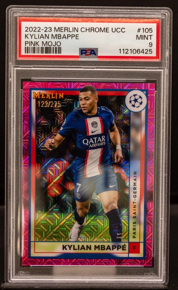 2022-23 Kylian Mbappe Merlin Chrome UCC #105 Pink Mojo /275 PSA 9