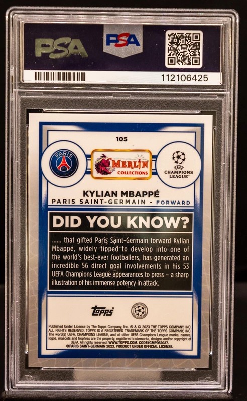 2022-23 Kylian Mbappe Merlin Chrome UCC #105 Pink Mojo /275 PSA 9 view 2