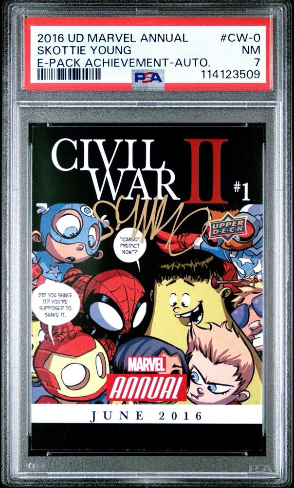 PSA 7 Upper Deck Marvel Annual Civil War II Achievement Skottie Young #CW-0 Auto