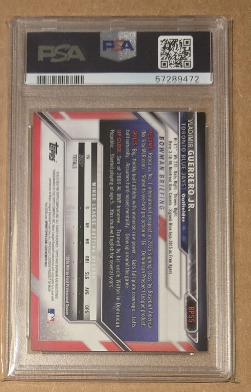 Vladimir Guerrero Jr 2016 Bowman Yellow 1st Prospects Rookie RC BP55 PSA 8 view 2