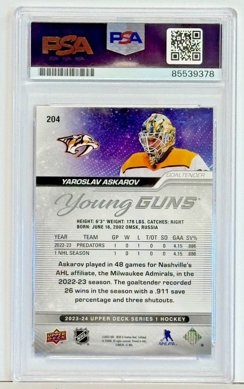 Yaroslav Askarov Signed Autographed Upper Deck Young Guns RC Card PSA DNA COA view 2