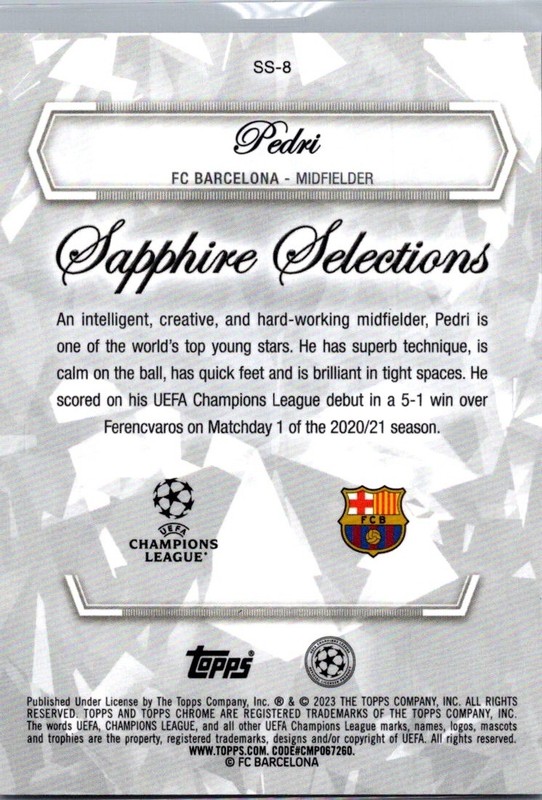 2023 Topps Chrome Sapphire Selections SP #SS-8 Pedri FC Barcelona view 2