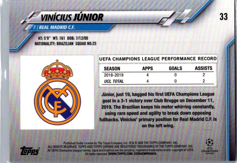 2019-20 Topps Chrome Sapphire Rookie #33 Vinicius Junior Real Madrid RC view 2