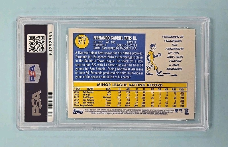 2019 Topps Heritage Fernando Tatis Jr. Rookie RC #517 Card PSA 9 view 2