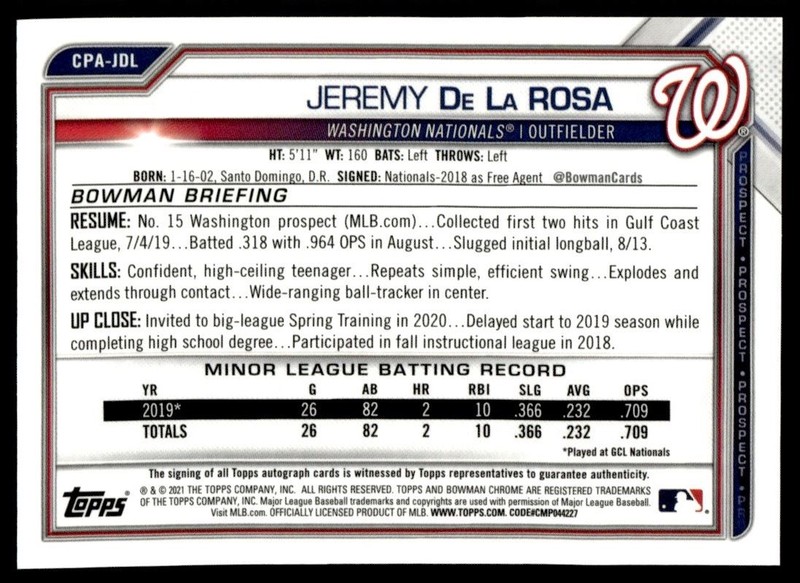 2021 Bowman Chrome Prospect Autographs 1ST Jeremy De La Rosa Auto #CPA-JDL view 2