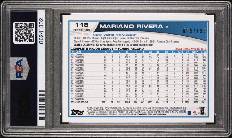 2013 Topps Chrome #118 Mariano Rivera Blue Refractor #/199 PSA 9 MINT HOF view 2