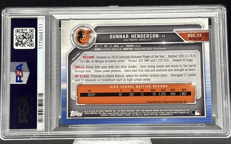 🔥🔥 2019 BOWMAN CHROME GUNNER HENDERSON 1ST BOWMAN REFRACTOR SP PSA 9 🔥🔥 view 2