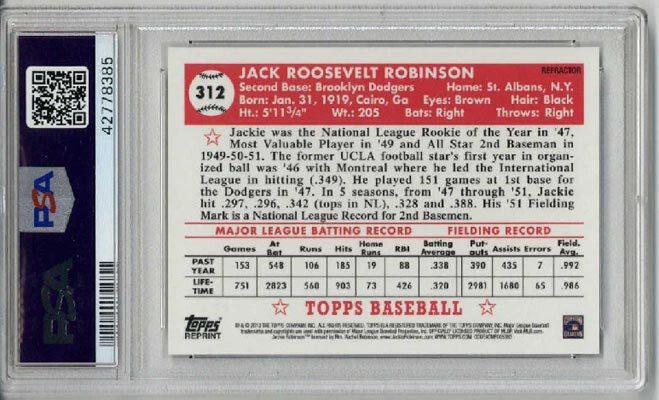 2013 TOPPS FACTORY CHROME REPRINT REFRACTOR #312 JACKIE ROBINSON CARD PSA 10 view 2