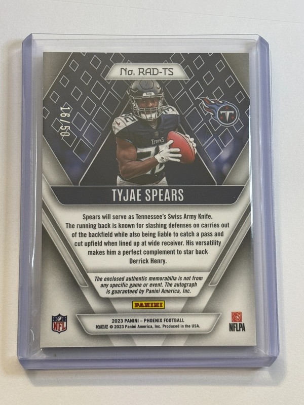 2023 Panini Phoenix Football Rookie Jersey Patch Auto #RAD-TS Tyjae SPEARS #/50 view 2