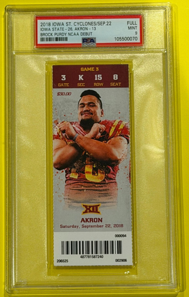 2018 Full Ticket BROCK PURDY 49ers Iowa State NCAA Debut Game * PSA MINT 9