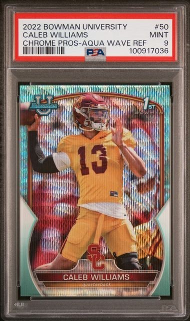 2022 Bowman University Chrome Caleb Williams #50 Aqua W Refr /299 (RC) 1st PSA 9