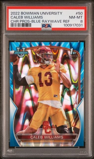 2022 Bowman University Chrome Caleb Williams #50 Blue RW Refr /199 RC 1st PSA 8 view 1