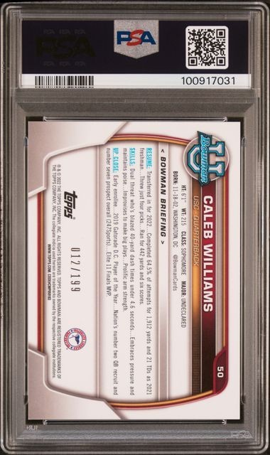 2022 Bowman University Chrome Caleb Williams #50 Blue RW Refr /199 RC 1st PSA 8 view 2