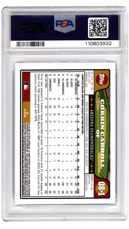 PSA 10 2023 Topps Chrome Lids Corbin Carroll 2008 Design Gold REFRACTOR RC POP 4 view 2